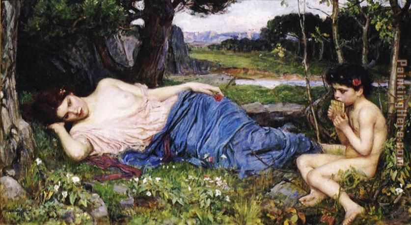 Listening to His Sweet Pipings painting - John William Waterhouse Listening to His Sweet Pipings art painting